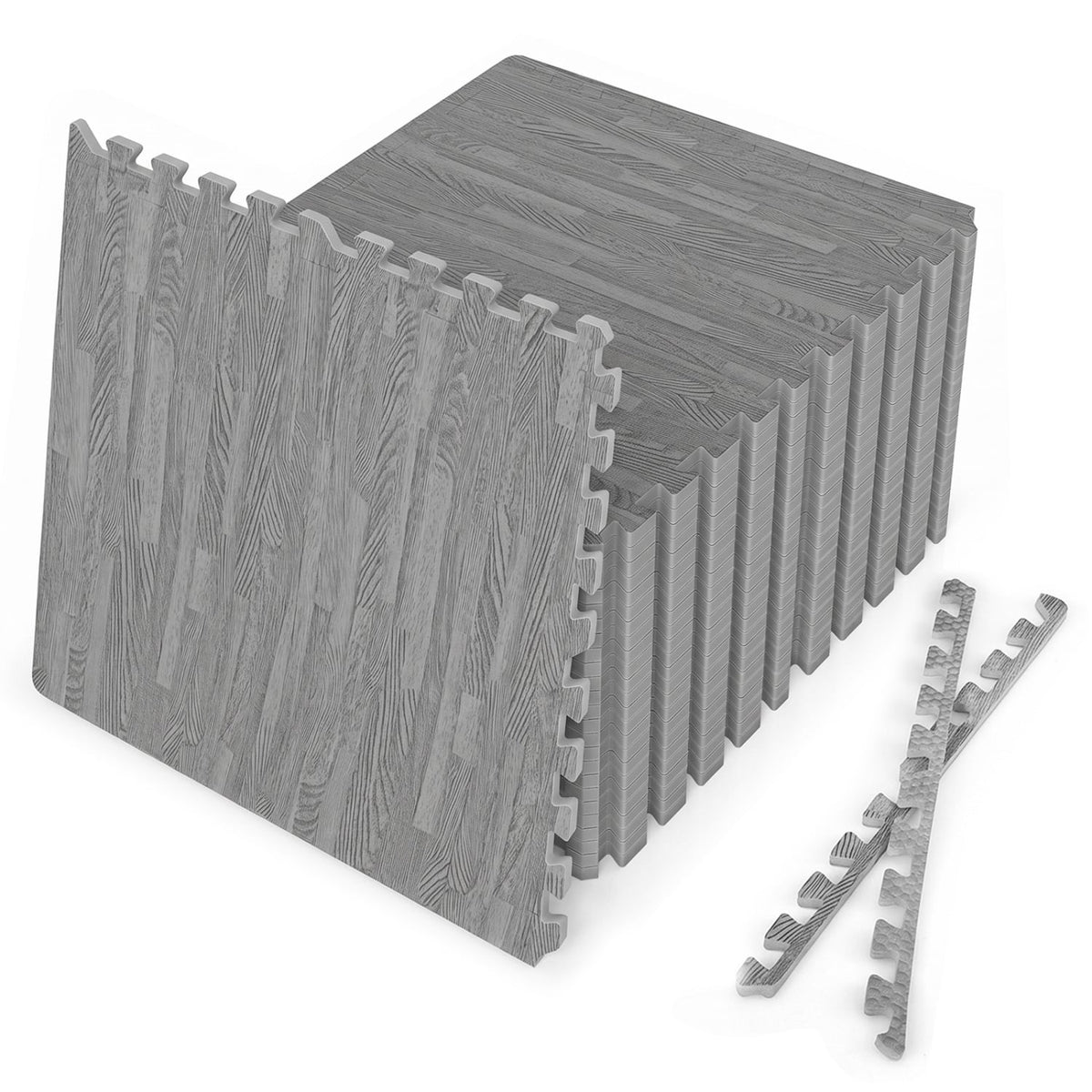 25 Tiles Wood Grain Foam Floor Mats with Borders-Gray