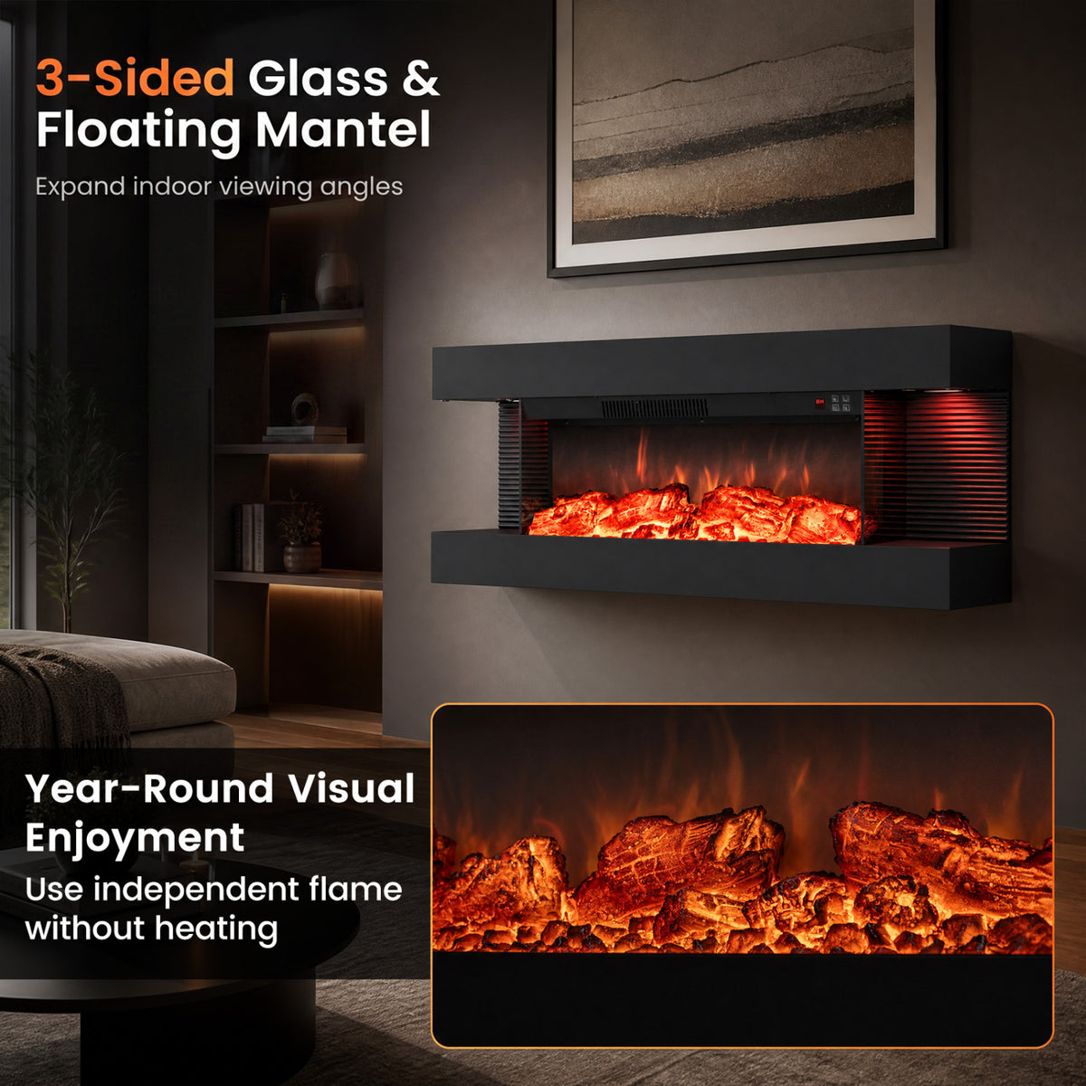 26 inches 3-Sided Wall Mount Electric Fireplace with 40 inches Floating Mantel for Living Room-40 inches view 8