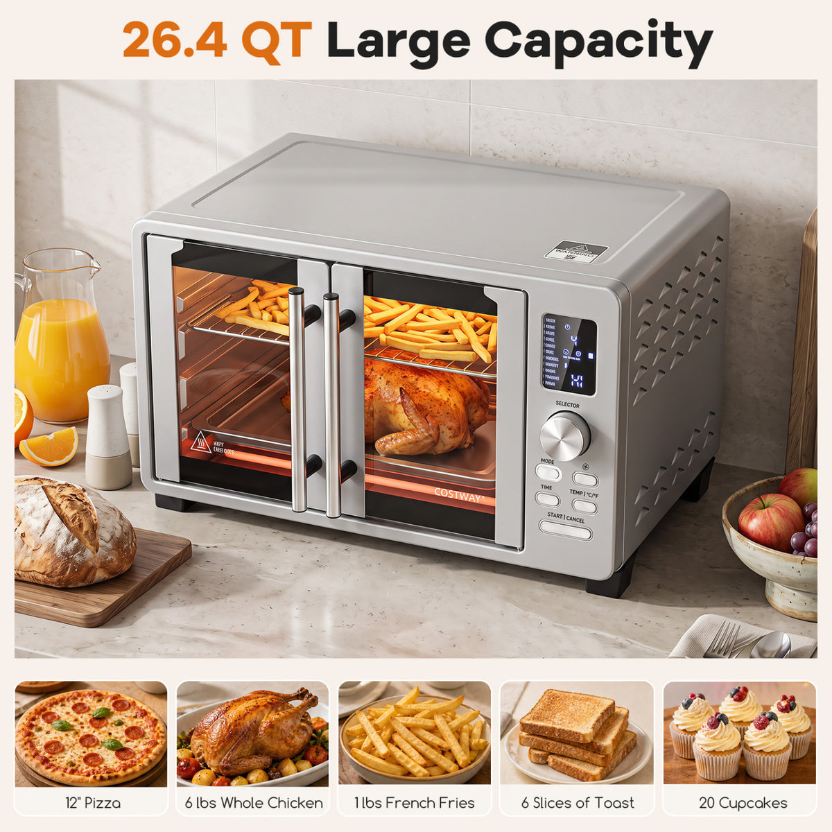 26.4 Quart French Door Convection Toaster Oven with 11 Presets-Silver view 8