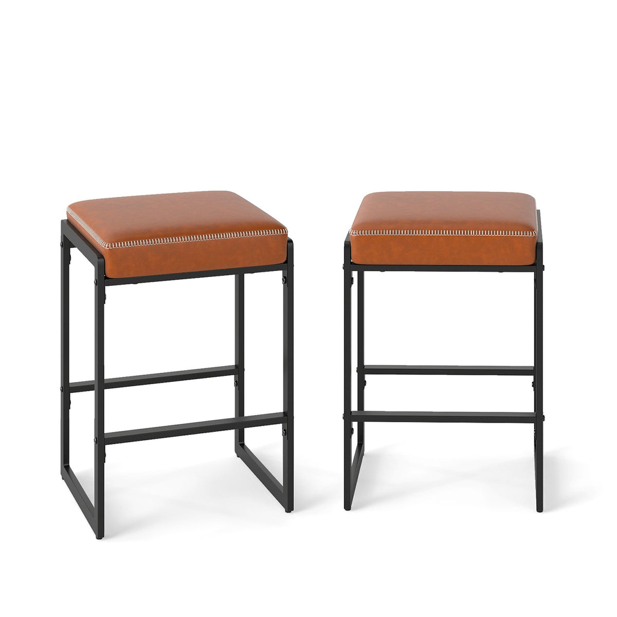 26 inch Bar Stools Set of 2 Counter Height Barstools with Faux Leather Upholstered Seat-Brown