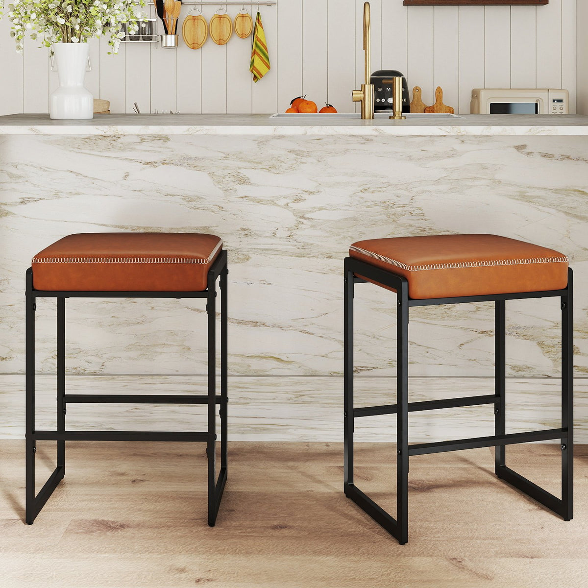 26 inch Bar Stools Set of 2 Counter Height Barstools with Faux Leather Upholstered Seat-Brown view 2