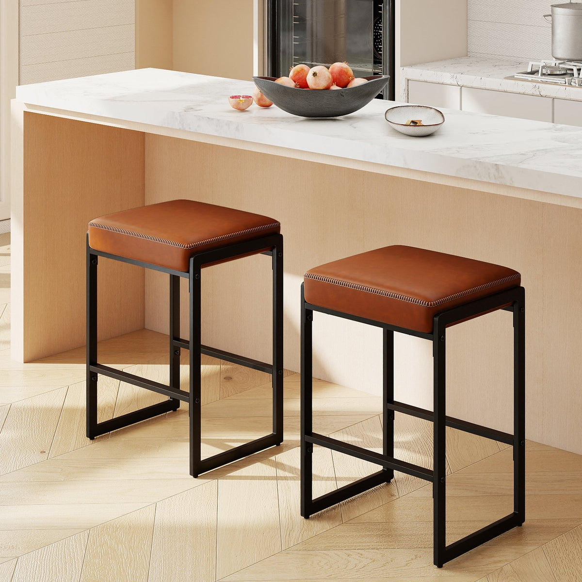 26 inch Bar Stools Set of 2 Counter Height Barstools with Faux Leather Upholstered Seat-Brown view 3