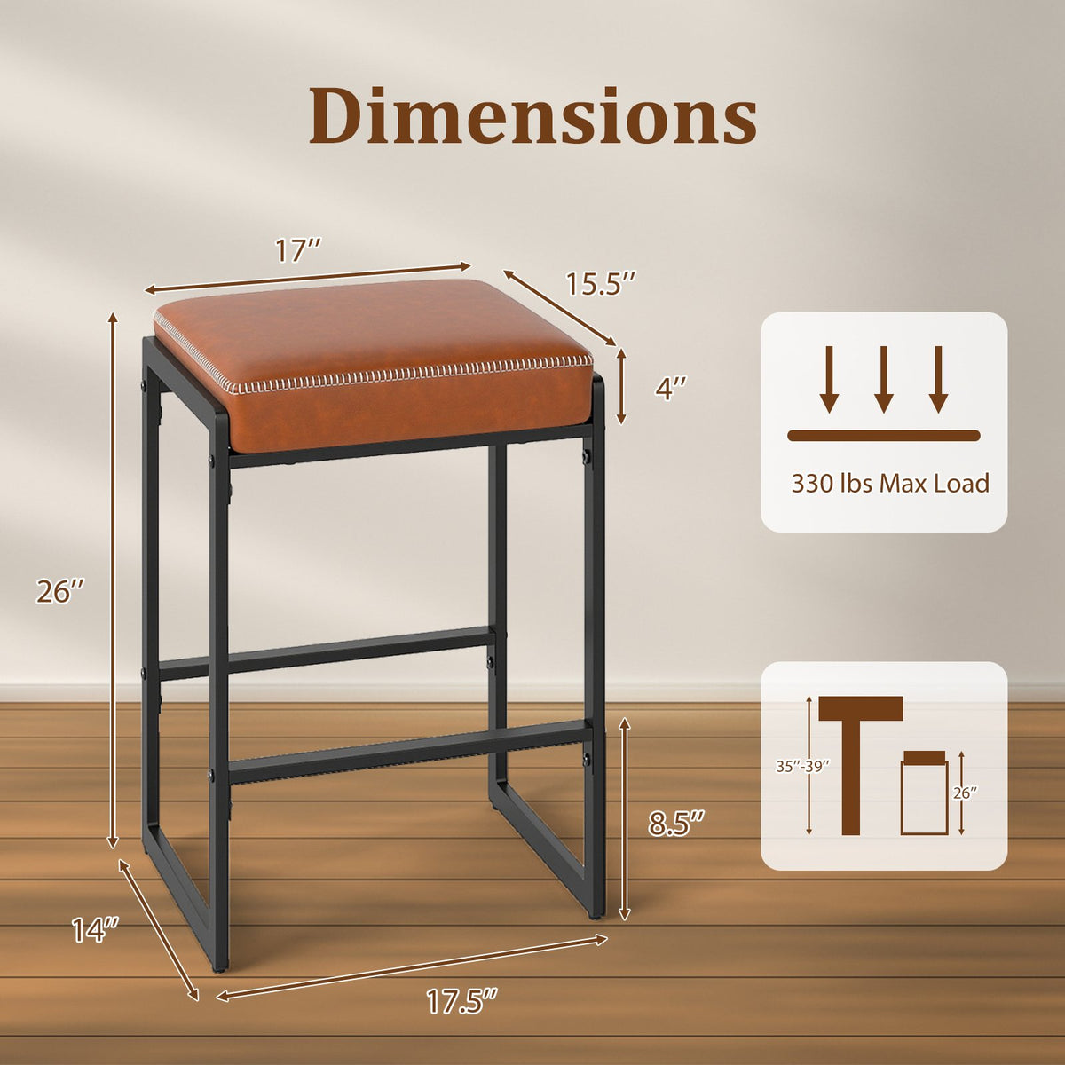 26 inch Bar Stools Set of 2 Counter Height Barstools with Faux Leather Upholstered Seat-Brown view 4