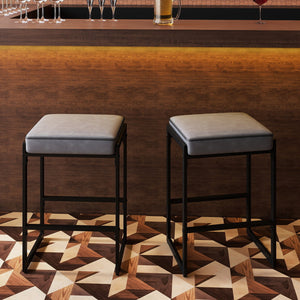 26 inch Bar Stools Set of 2 Counter Height Barstools with Faux Leather Upholstered Seat-Gray view 2