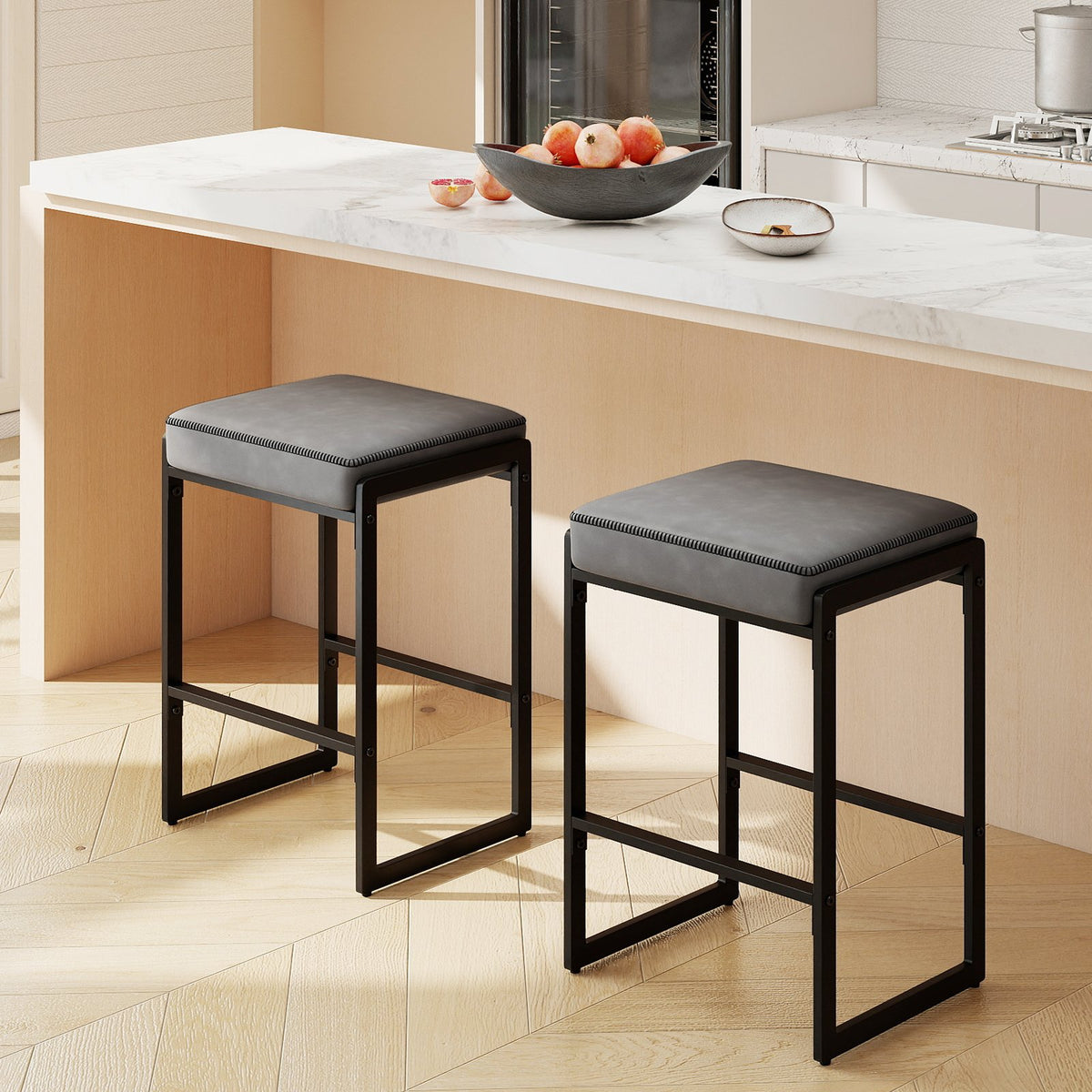 26 inch Bar Stools Set of 2 Counter Height Barstools with Faux Leather Upholstered Seat-Gray view 3