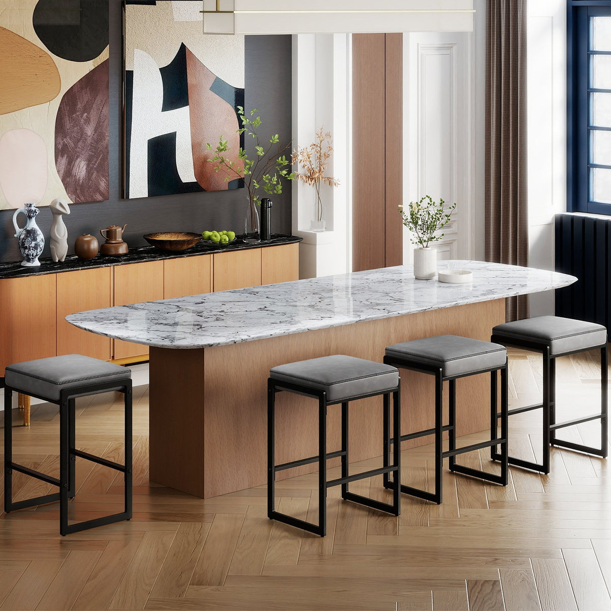 26 inch Bar Stools Set of 2 Counter Height Barstools with Faux Leather Upholstered Seat-Gray view 5