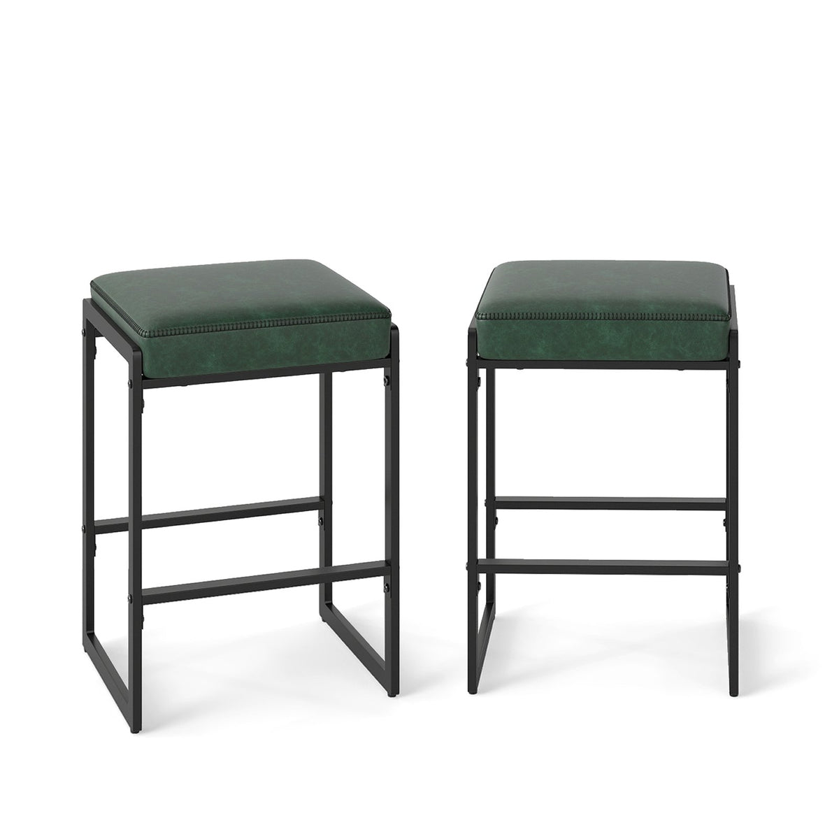26 inch Bar Stools Set of 2 Counter Height Barstools with Faux Leather Upholstered Seat-Green