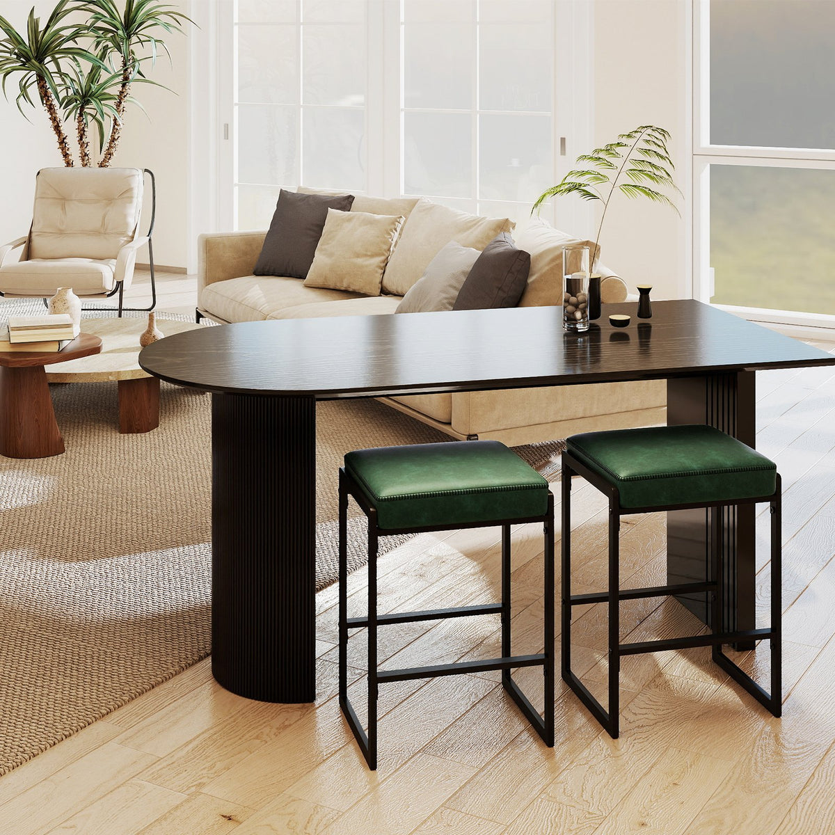 26 inch Bar Stools Set of 2 Counter Height Barstools with Faux Leather Upholstered Seat-Green view 6
