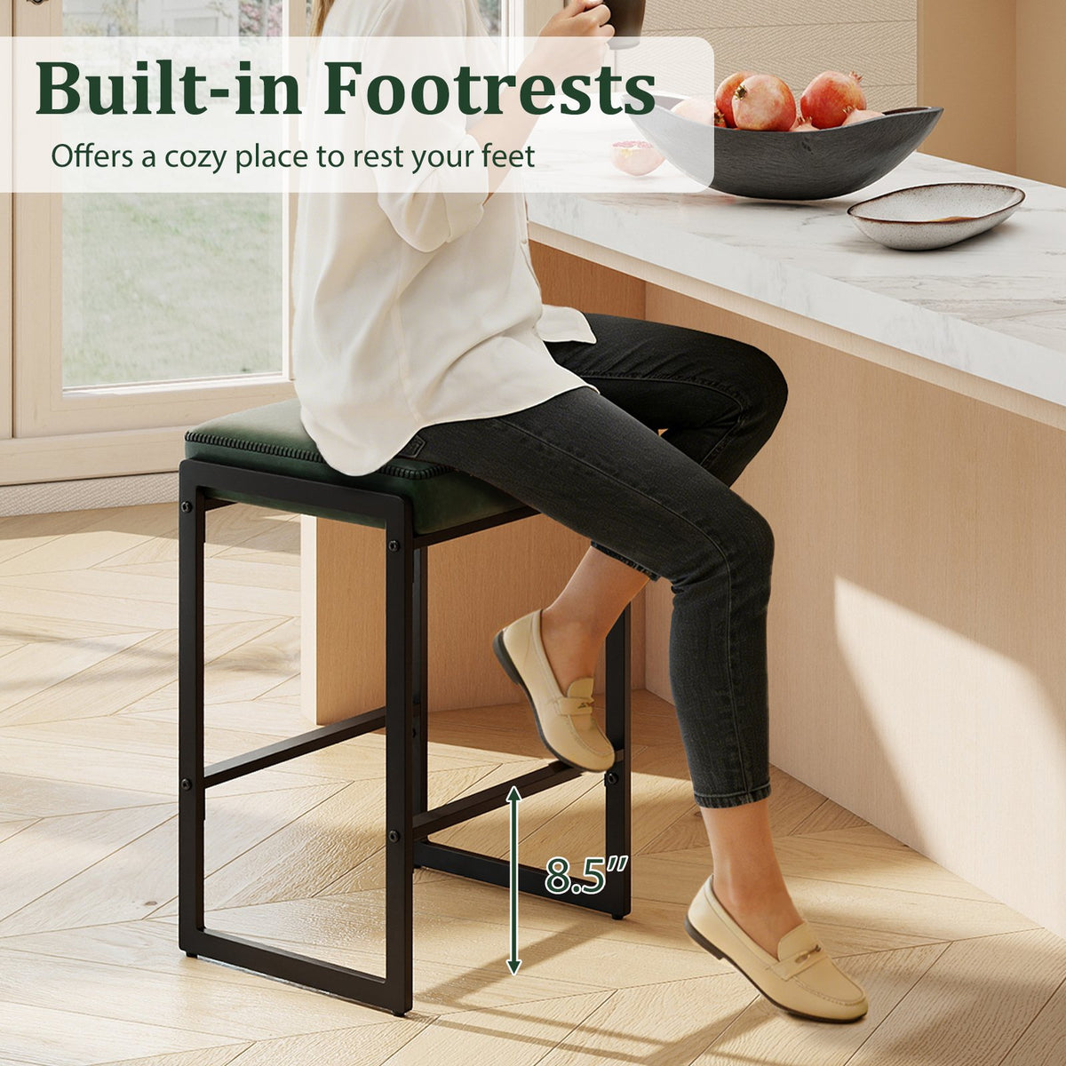 26 inch Bar Stools Set of 2 Counter Height Barstools with Faux Leather Upholstered Seat-Green view 9
