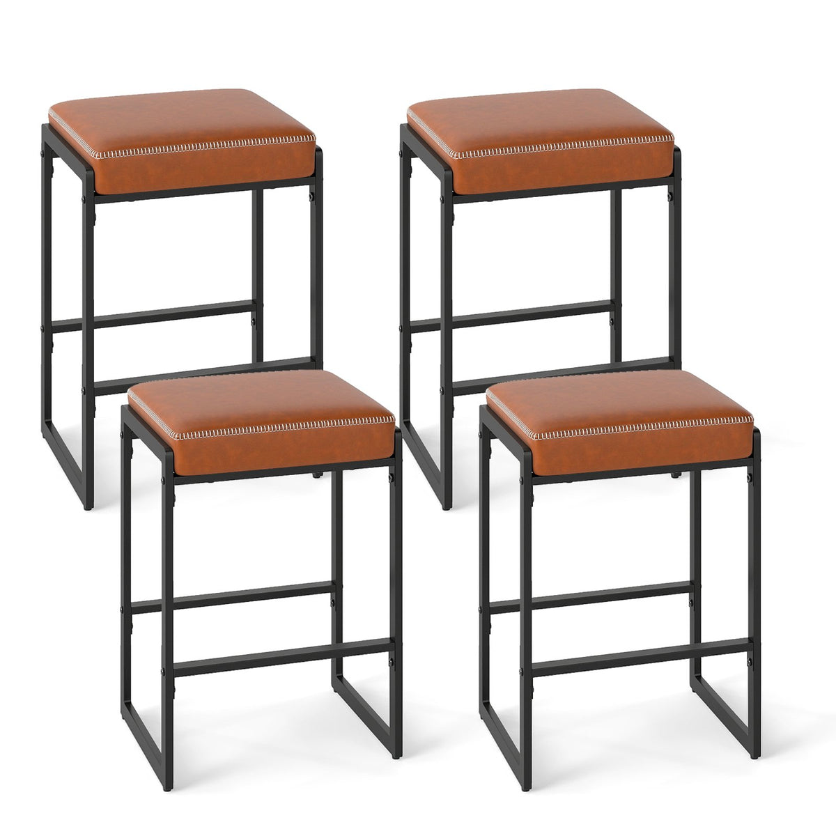 26 inch Bar Stools Set of 4 Counter Height Barstools with Faux Leather Upholstered Seat-Brown