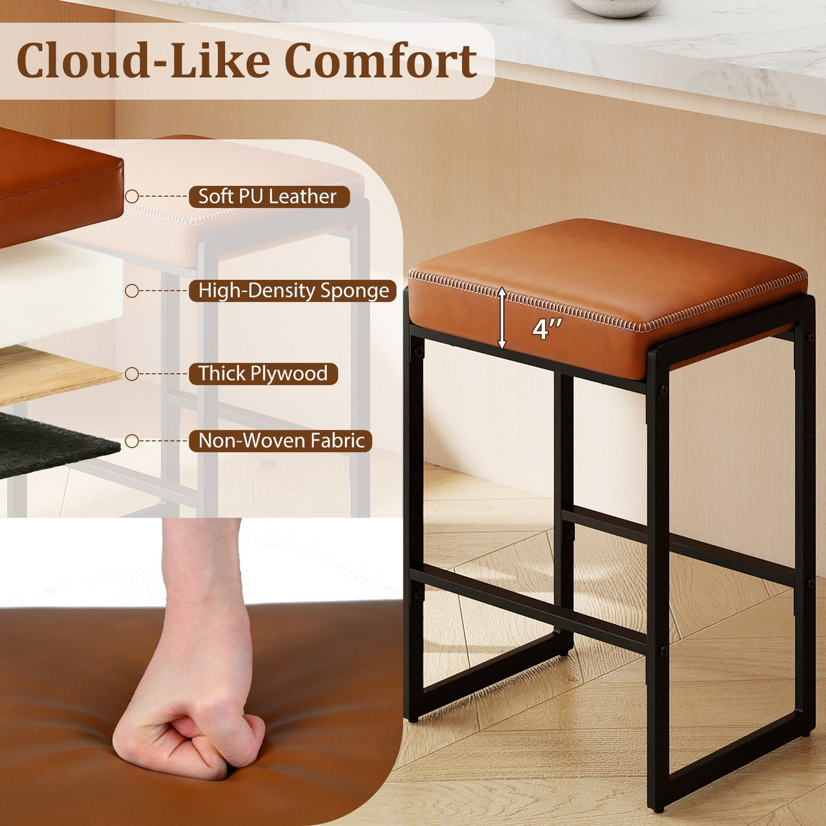 26 inch Bar Stools Set of 4 Counter Height Barstools with Faux Leather Upholstered Seat-Brown view 4