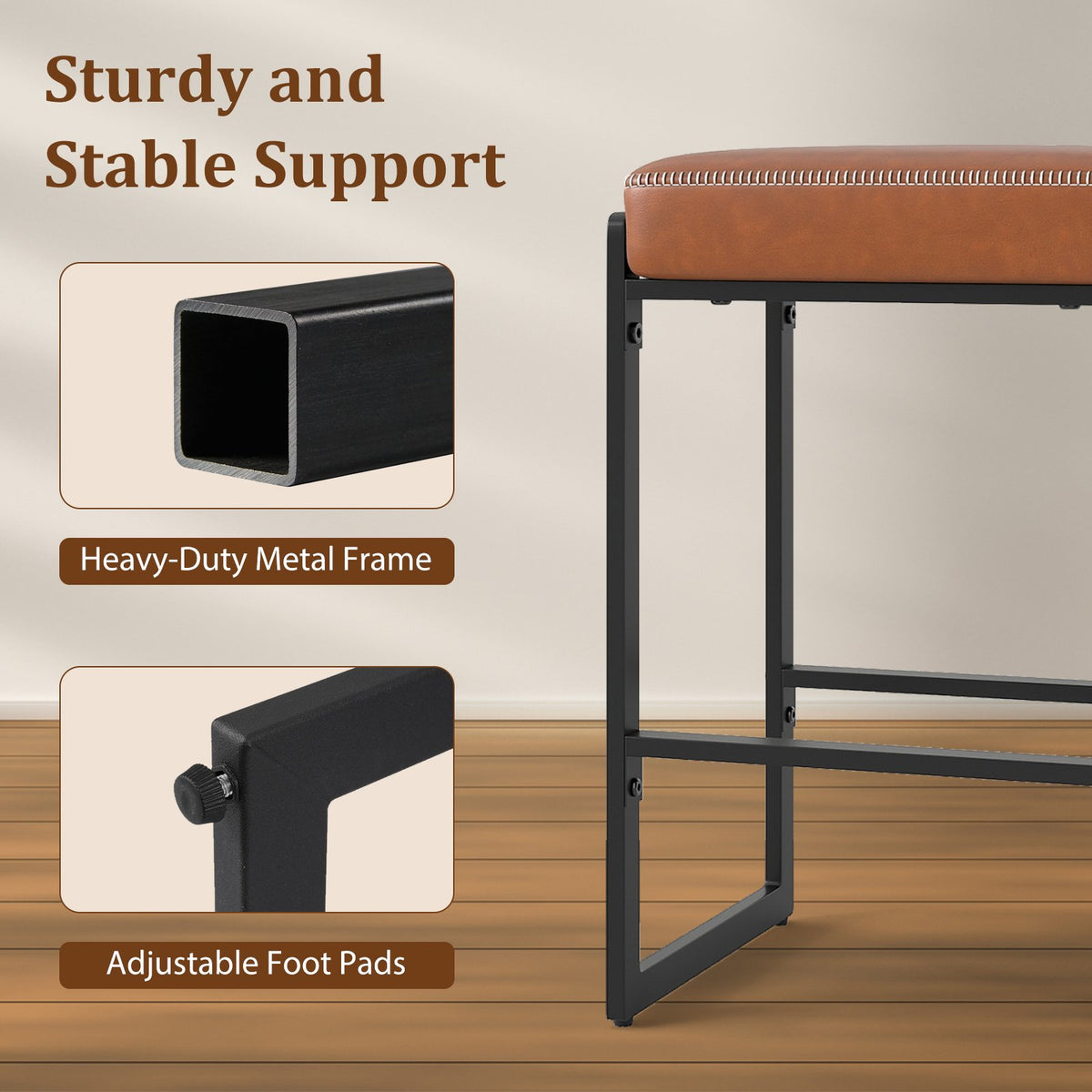 26 inch Bar Stools Set of 4 Counter Height Barstools with Faux Leather Upholstered Seat-Brown view 7
