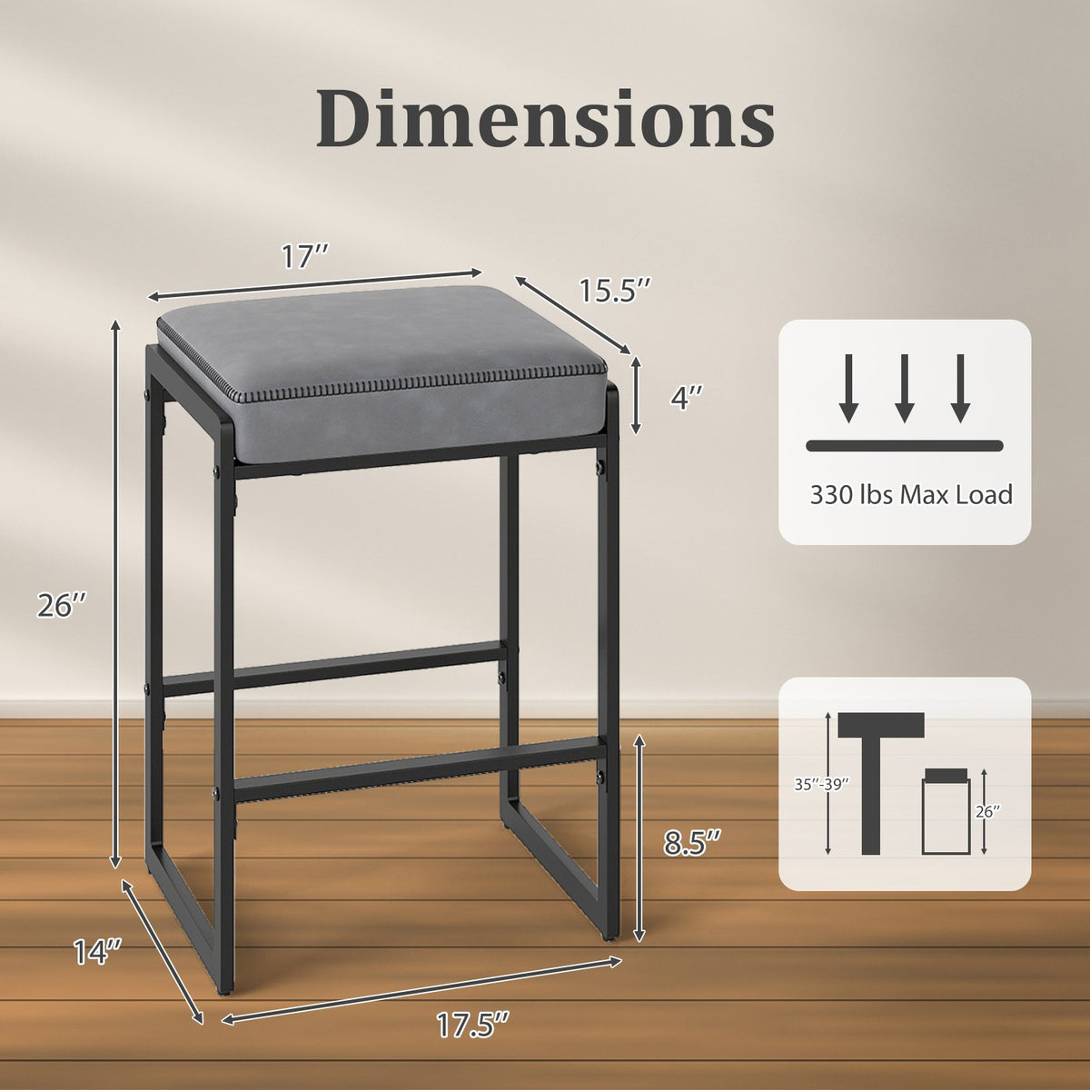 26 inch Bar Stools Set of 4 Counter Height Barstools with Faux Leather Upholstered Seat-Gray view 3
