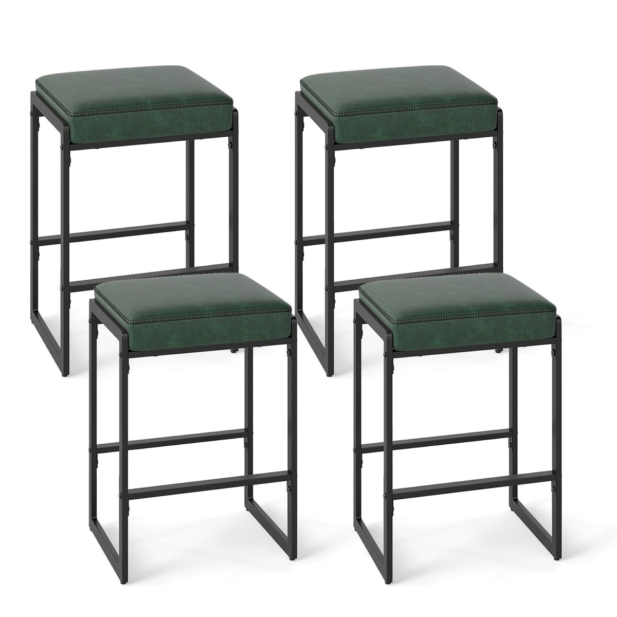 26 inch Bar Stools Set of 4 Counter Height Barstools with Faux Leather Upholstered Seat-Green