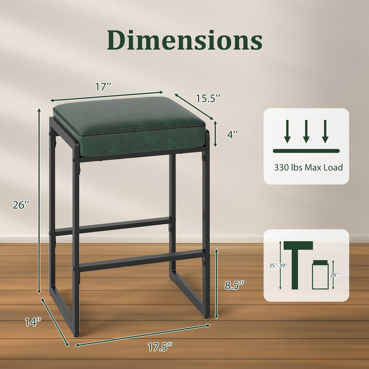 26 inch Bar Stools Set of 4 Counter Height Barstools with Faux Leather Upholstered Seat-Green view 3