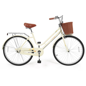 26 Inch Beach Cruiser Bike for Women with Woven Basket and Rear Rack - Beige view 4