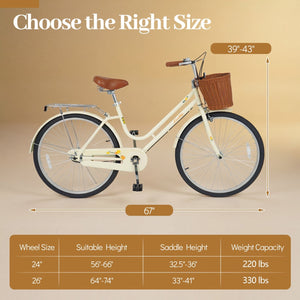 26 Inch Beach Cruiser Bike for Women with Woven Basket and Rear Rack - Beige view 5