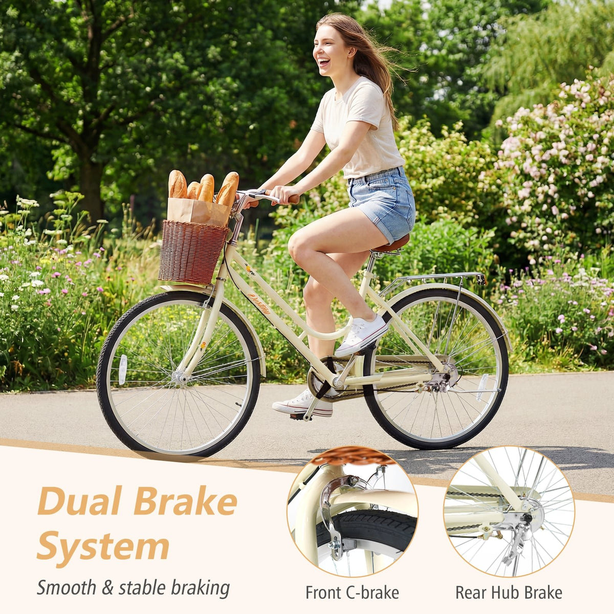 26 Inch Beach Cruiser Bike for Women with Woven Basket and Rear Rack - Beige view 6
