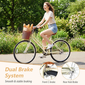 26 Inch Beach Cruiser Bike for Women with Woven Basket and Rear Rack - Beige view 6