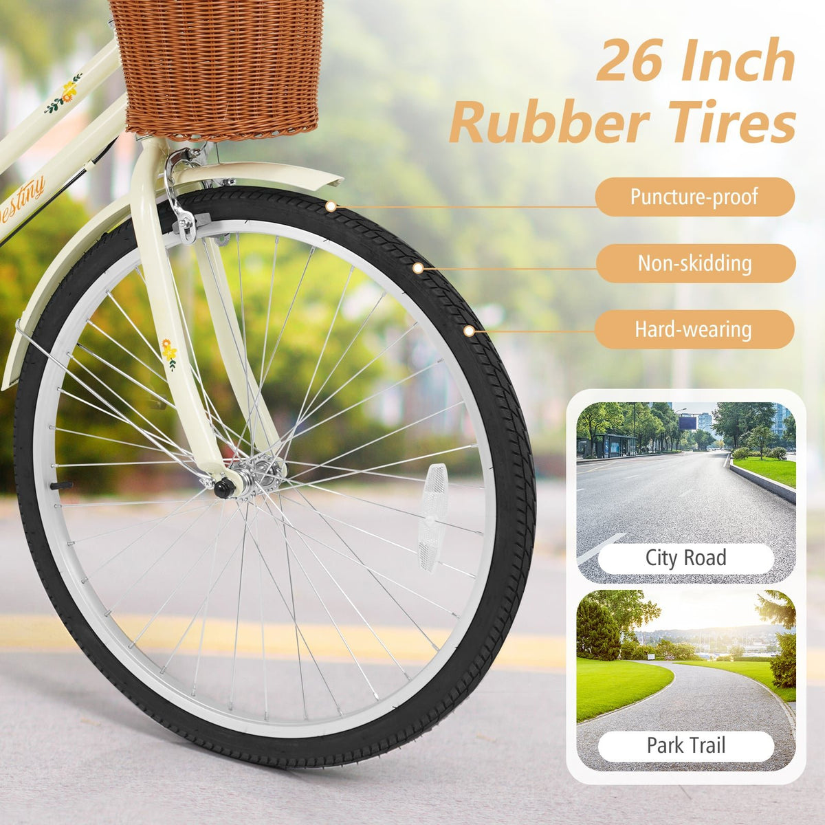 26 Inch Beach Cruiser Bike for Women with Woven Basket and Rear Rack - Beige view 7