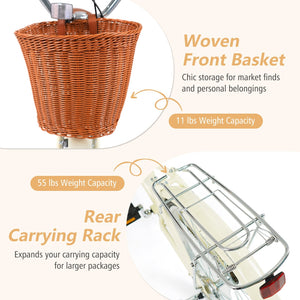 26 Inch Beach Cruiser Bike for Women with Woven Basket and Rear Rack - Beige view 8