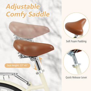 26 Inch Beach Cruiser Bike for Women with Woven Basket and Rear Rack - Beige view 9