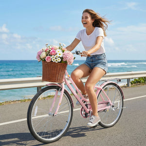 26 Inch Beach Cruiser Bike for Women with Woven Basket and Rear Rack - Pink view 3