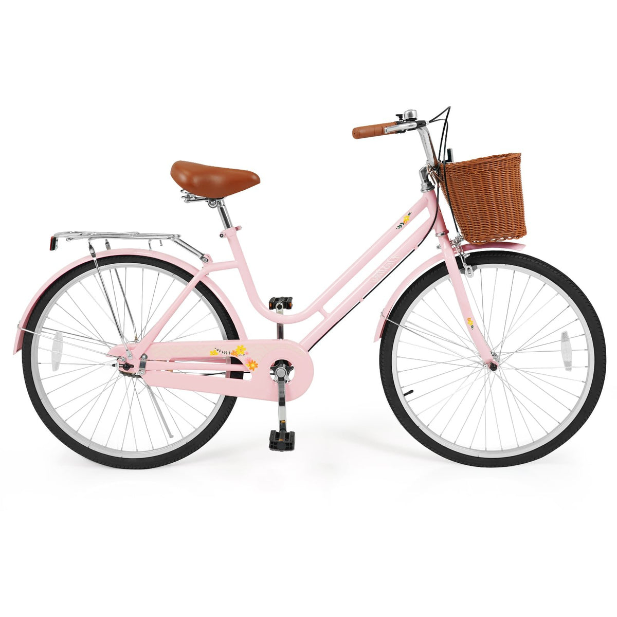 26 Inch Beach Cruiser Bike for Women with Woven Basket and Rear Rack - Pink view 4