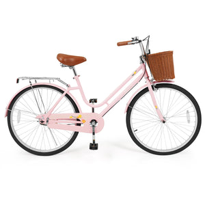 26 Inch Beach Cruiser Bike for Women with Woven Basket and Rear Rack - Pink view 4
