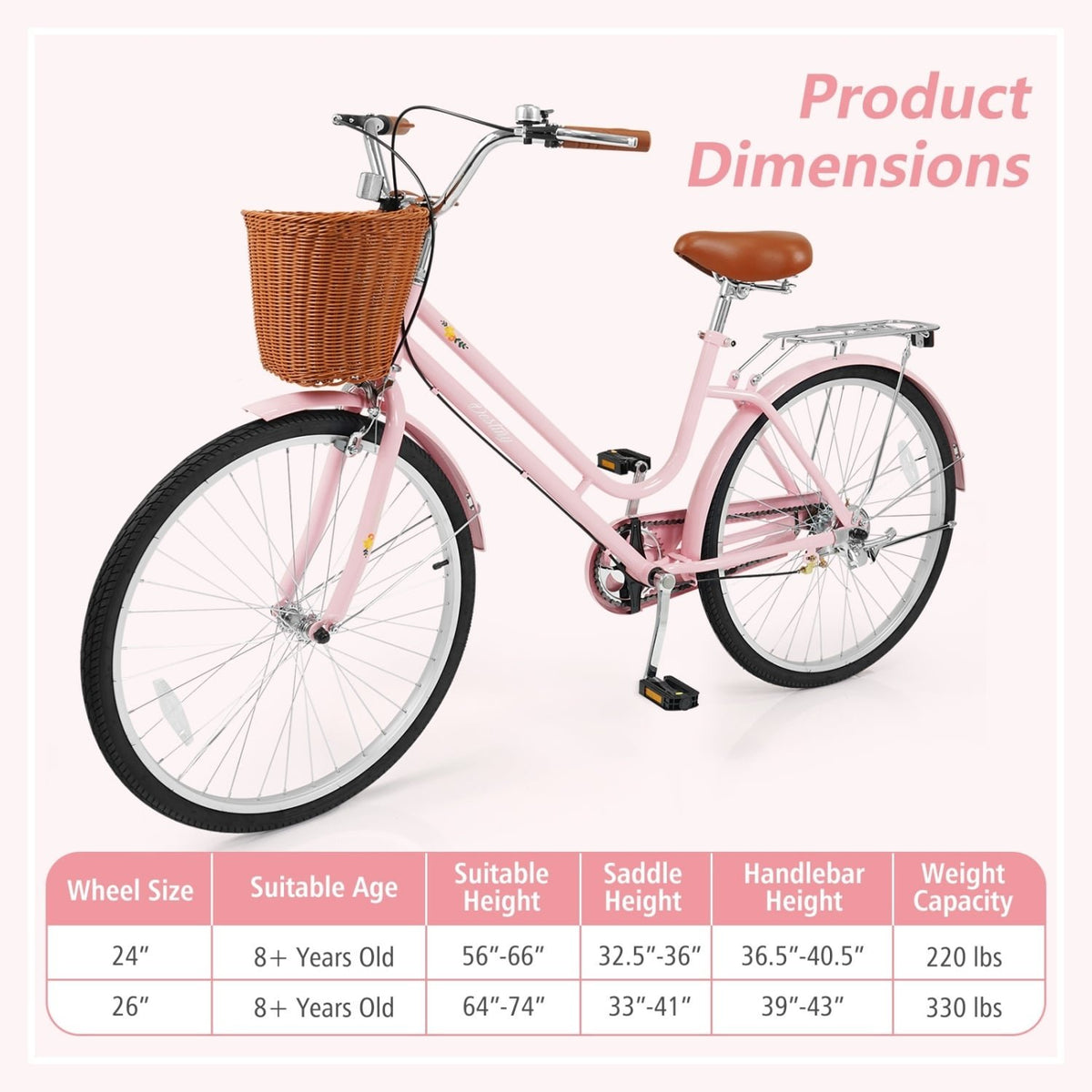 26 Inch Beach Cruiser Bike for Women with Woven Basket and Rear Rack - Pink view 5