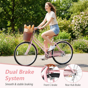 26 Inch Beach Cruiser Bike for Women with Woven Basket and Rear Rack - Pink view 6