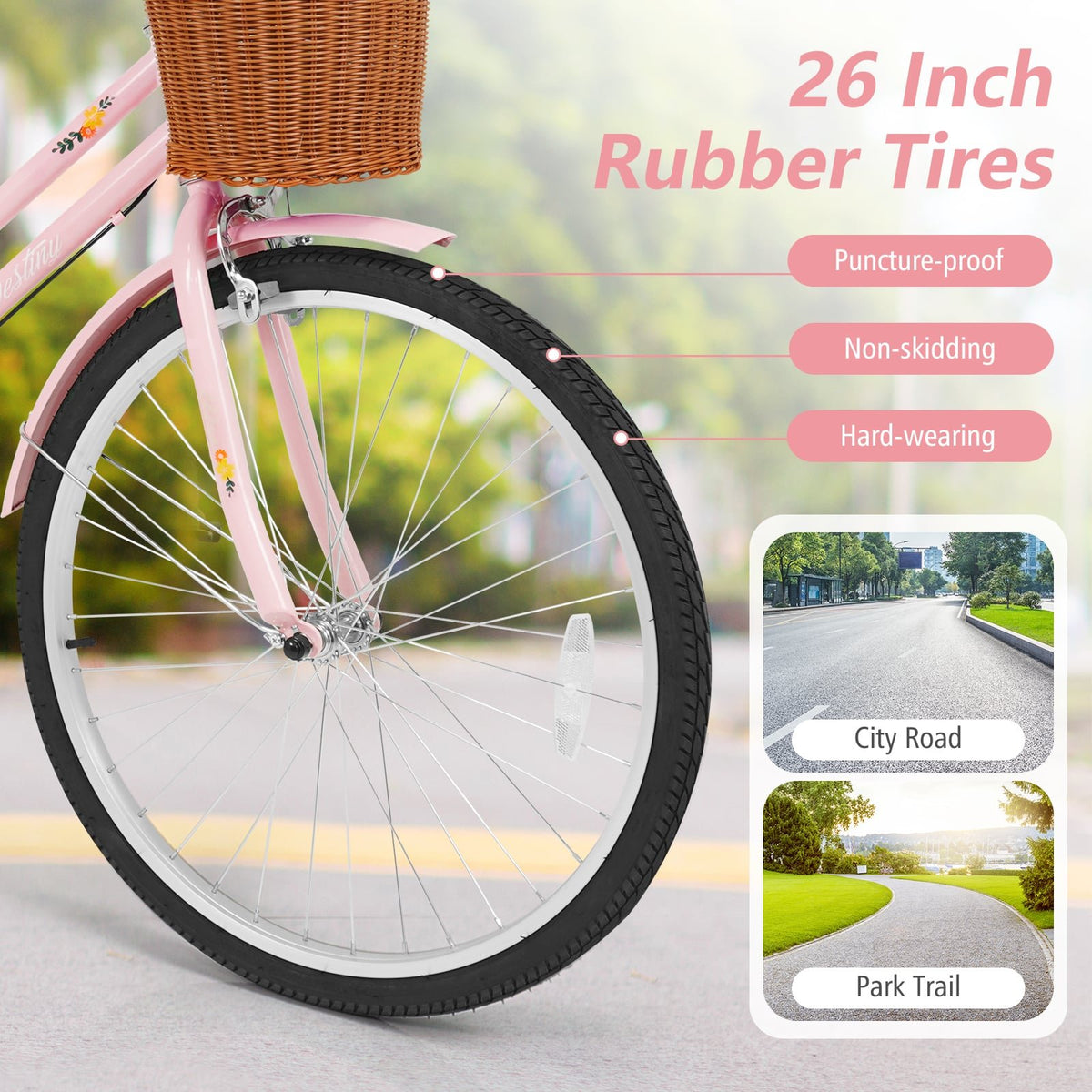 26 Inch Beach Cruiser Bike for Women with Woven Basket and Rear Rack - Pink view 7