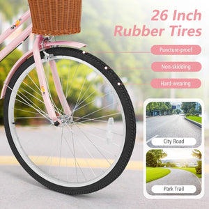 26 Inch Beach Cruiser Bike for Women with Woven Basket and Rear Rack - Pink view 7