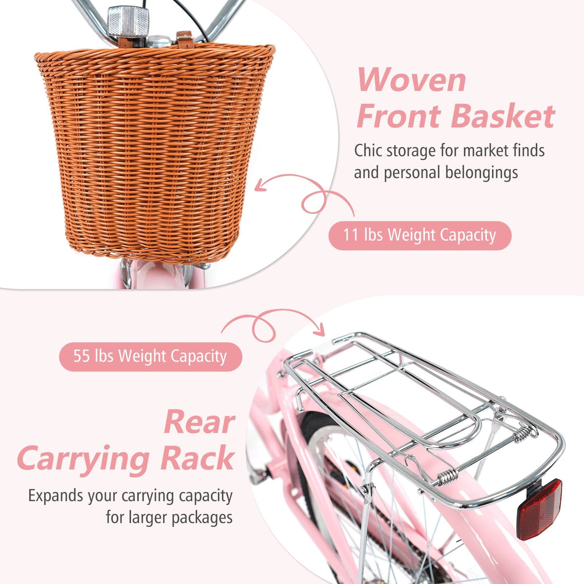 26 Inch Beach Cruiser Bike for Women with Woven Basket and Rear Rack - Pink view 8