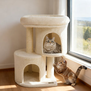 26 Inch Cat Tower with Large Padded Push Perch and Dual Condos-Beige view 2
