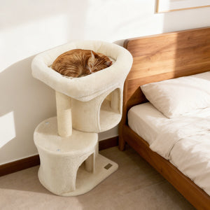 26 Inch Cat Tower with Large Padded Push Perch and Dual Condos-Beige view 3