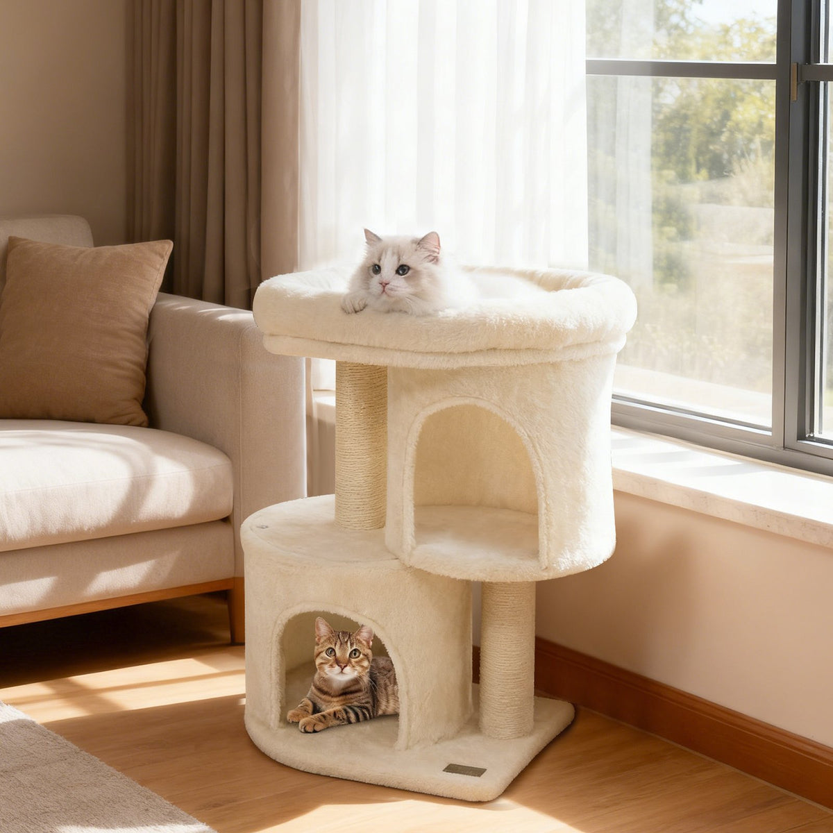 26 Inch Cat Tower with Large Padded Push Perch and Dual Condos-Beige view 6