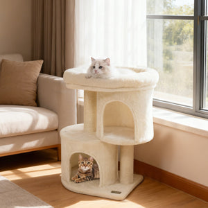 26 Inch Cat Tower with Large Padded Push Perch and Dual Condos-Beige view 6