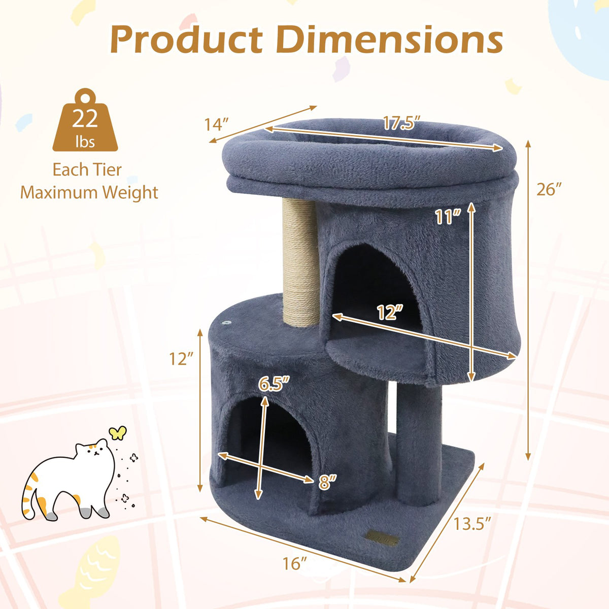 26 Inch Cat Tower with Large Padded Push Perch and Dual Condos-Dark Gray view 5