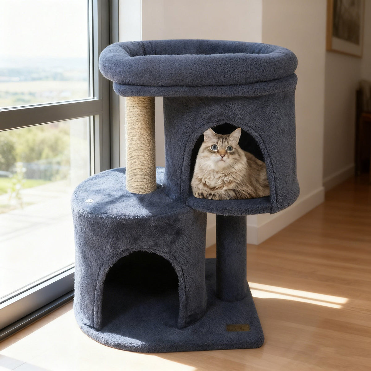 26 Inch Cat Tower with Large Padded Push Perch and Dual Condos-Dark Gray view 6