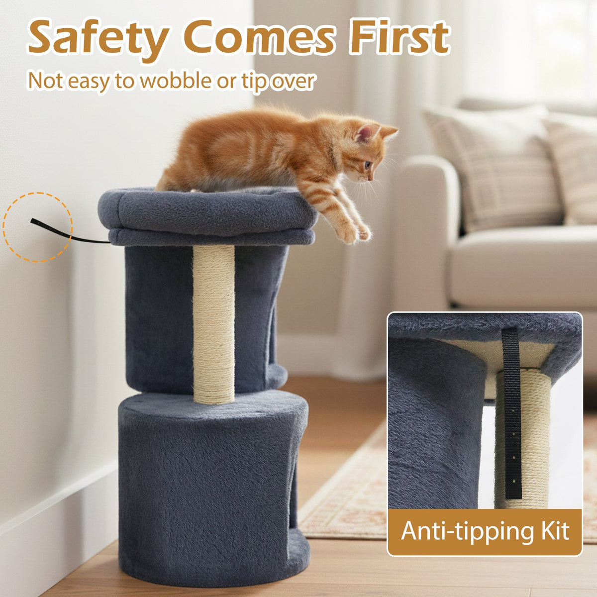 26 Inch Cat Tower with Large Padded Push Perch and Dual Condos-Dark Gray view 7