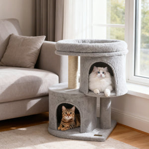 26 Inch Cat Tower with Large Padded Push Perch and Dual Condos-Light Gray view 3