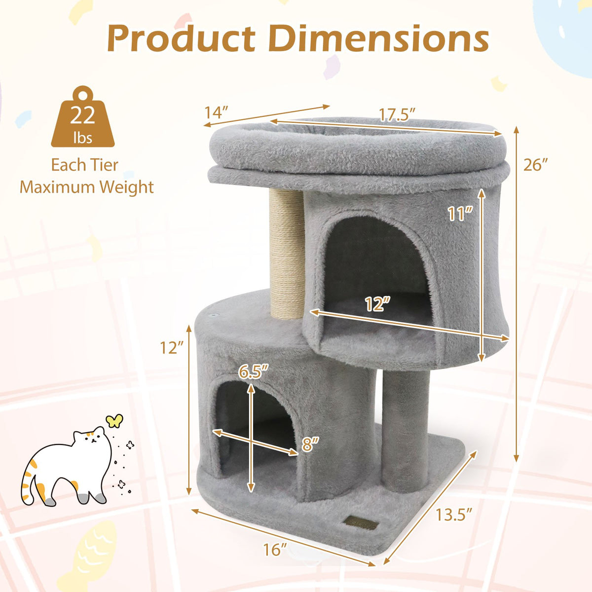 26 Inch Cat Tower with Large Padded Push Perch and Dual Condos-Light Gray view 5