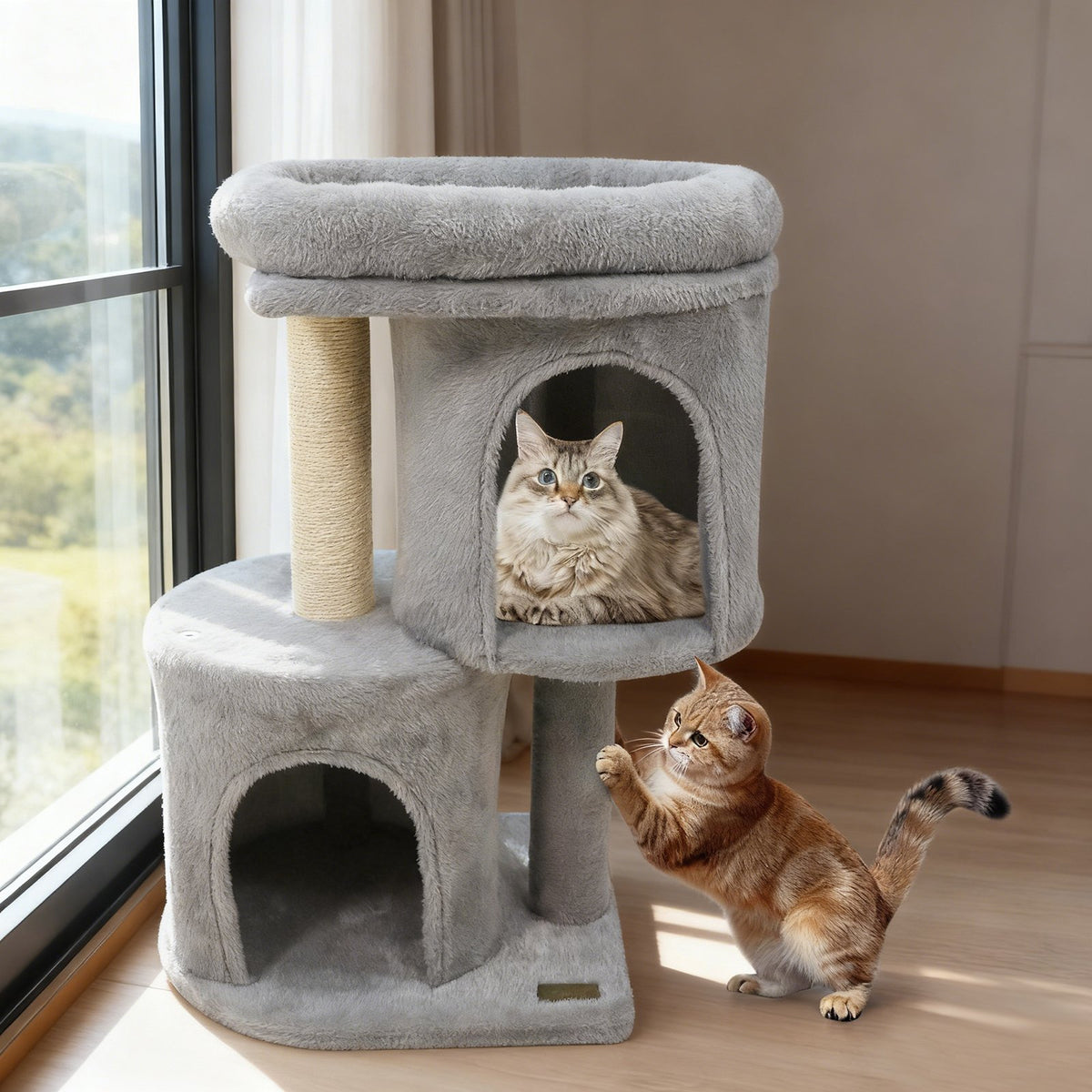 26 Inch Cat Tower with Large Padded Push Perch and Dual Condos-Light Gray view 6