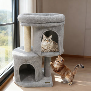 26 Inch Cat Tower with Large Padded Push Perch and Dual Condos-Light Gray view 6