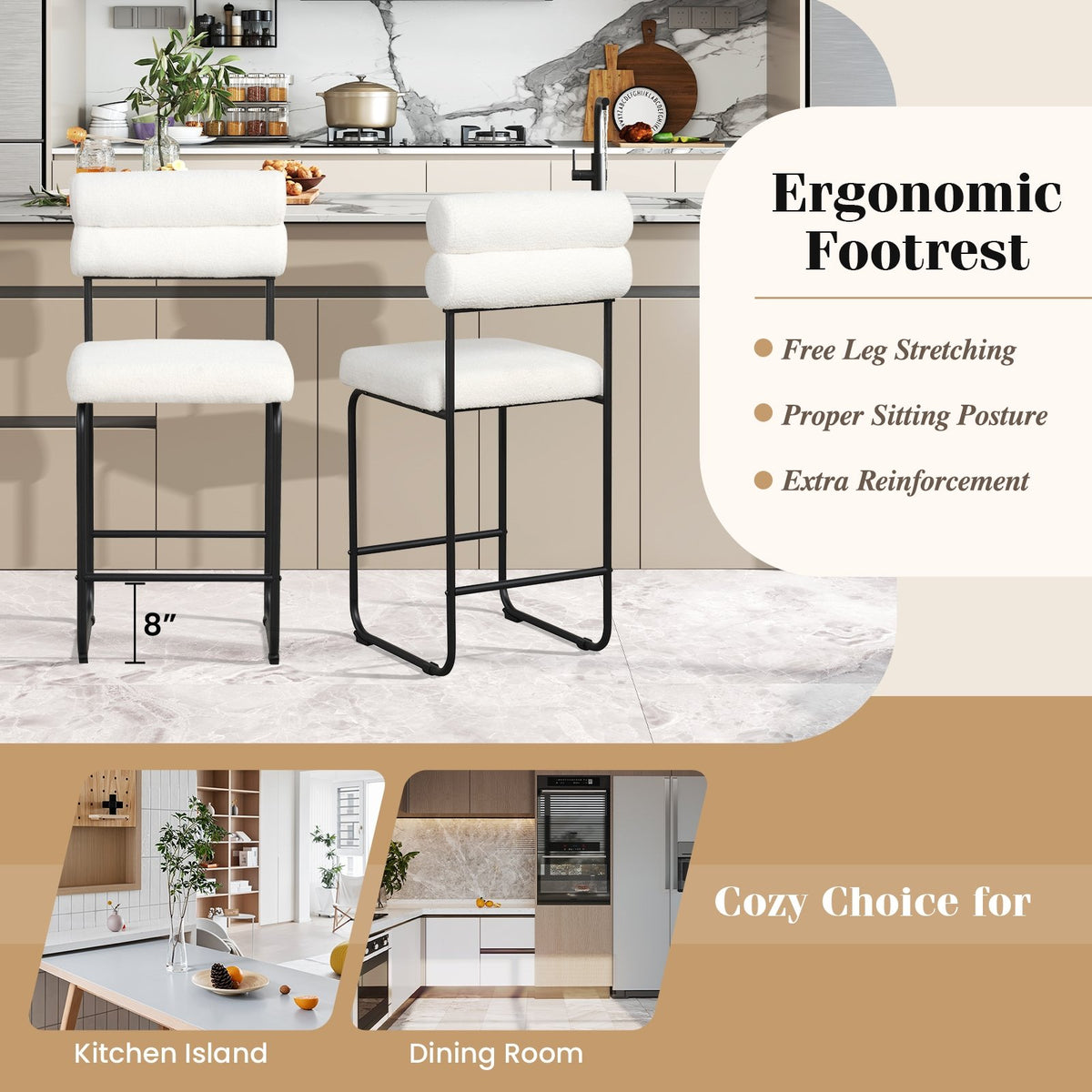 26 Inch Counter Height Bar Stools Set of 2 with Metal Frame and Footrest-White view 8