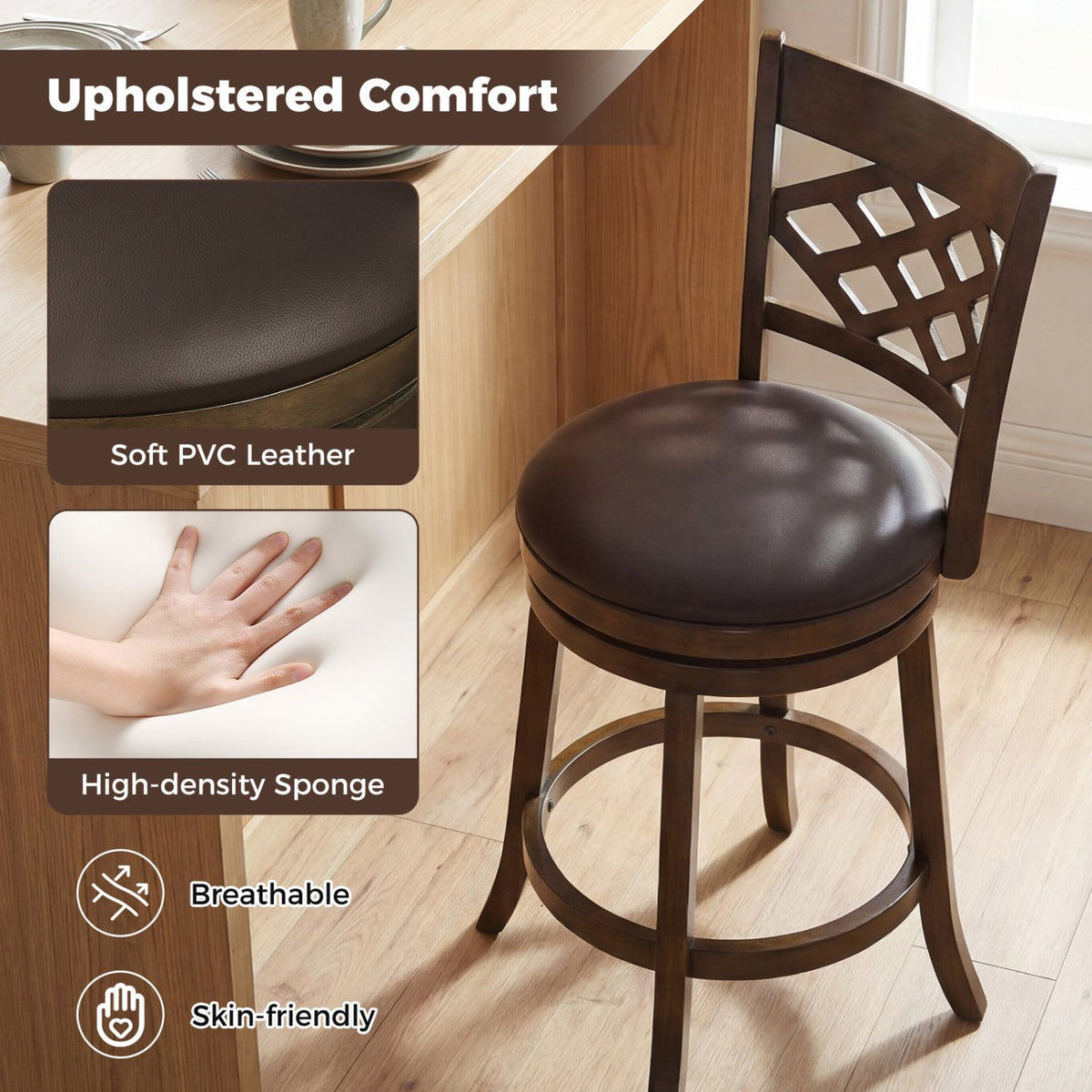 26 Inch Counter Height Bar Stools Set of 2 with Rubber Wood Frame-26 Inch view 6