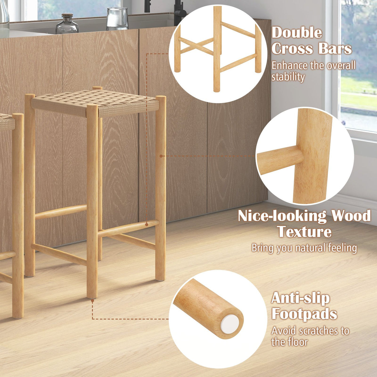 26 Inch Dining Bar Stool Set of 2-Natural view 8
