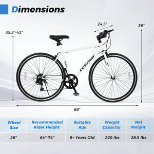 26 Inch Mountain Bike Adjustable with 6-Speed and All-terrain Rubber Wheels-White view 5