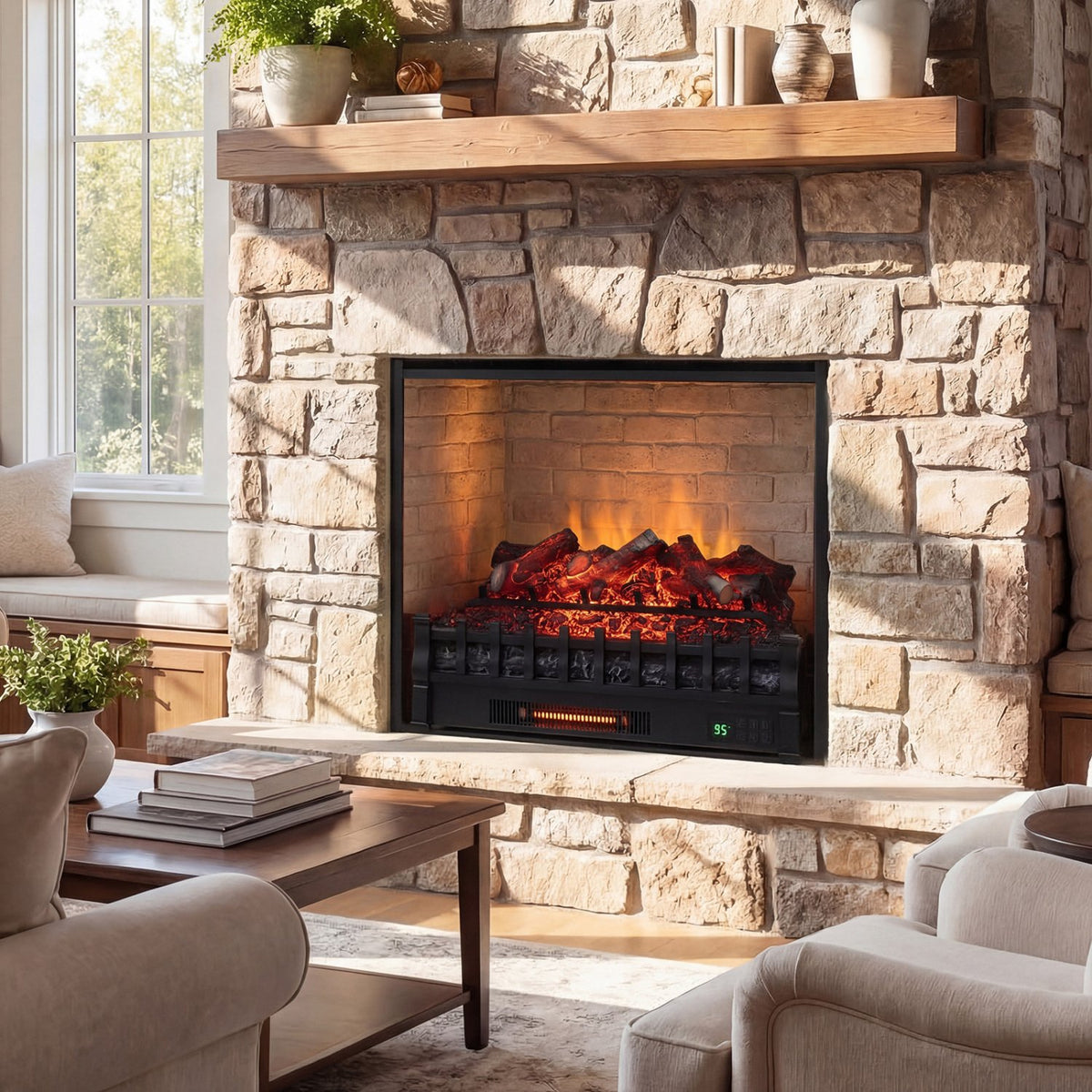 26 Inch WiFi Infrared Quartz Electric Fireplace Insert Logs Heater with Realistic Lemonwood Logs-Black view 3